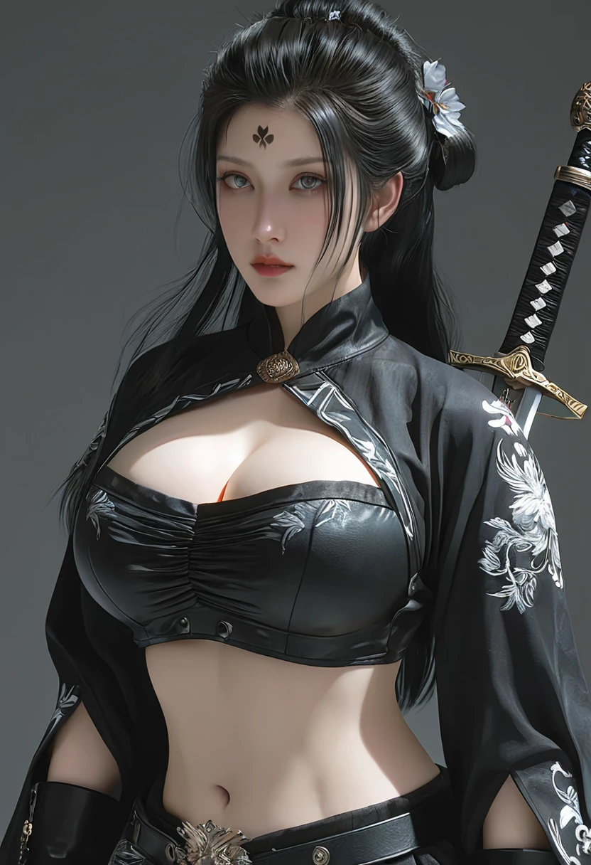 Black hair and white skin woman,  Longsword ，artwork in the style of Gu Weiss, Gu Weiss, the style of Wallop, ross tran and Wallop, Inspired by Wallop, 夏娃肚皮, in style of Wallop, Wallop and ross tran,  Pan Chengwei's , best on Wallop, Wallop | (masterpiece:1.1,  Best Quality :1.1), (realistic:1.3), (Bokeh), ( high resolution, 8K Wallpaper), Professional lighting,  Cinematic Lighting , Reika Shimohira, Murder City (fat) role, Real skin,  delicate eyes ,  beautiful eyes, Perfect eyes, Ultra-slim waist,  Perfect slim body style , (超realistic的 fat 紧身衣:1.1, 超精细的 fat 紧身衣), ((((Extra large mass , Extra large breasts,  realistic skin texture , 超大的乳房)))), (black,  long hair),