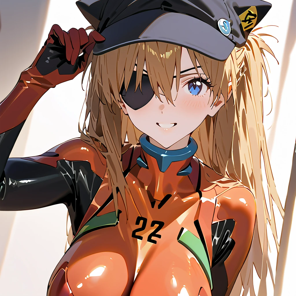         top quality,         top quality,          high quality images       ,     masterpiece  ,              super high resolution       ,             detailed background    ,             Absurd,           Perfect Anatomy     ,     ,      good lighting     ,          Photo Gallery    ,             neon genesis evangelion  、  Shikinami Asuka Langley、  red plug suit  、  eye patch、(Cat hat、black)、smile、 white background 