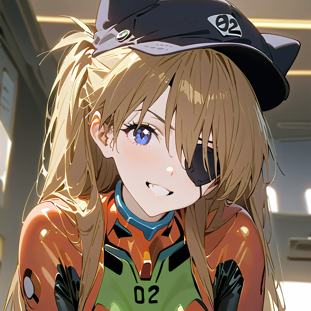         top quality,         top quality,          high quality images       ,     masterpiece  ,              super high resolution       ,             detailed background    ,             Absurd,           Perfect Anatomy     ,     ,      good lighting     ,          Photo Gallery    ,             neon genesis evangelion  、  Shikinami Asuka Langley、  red plug suit  、  eye patch、(Cat hat、black)、smile、 white background 