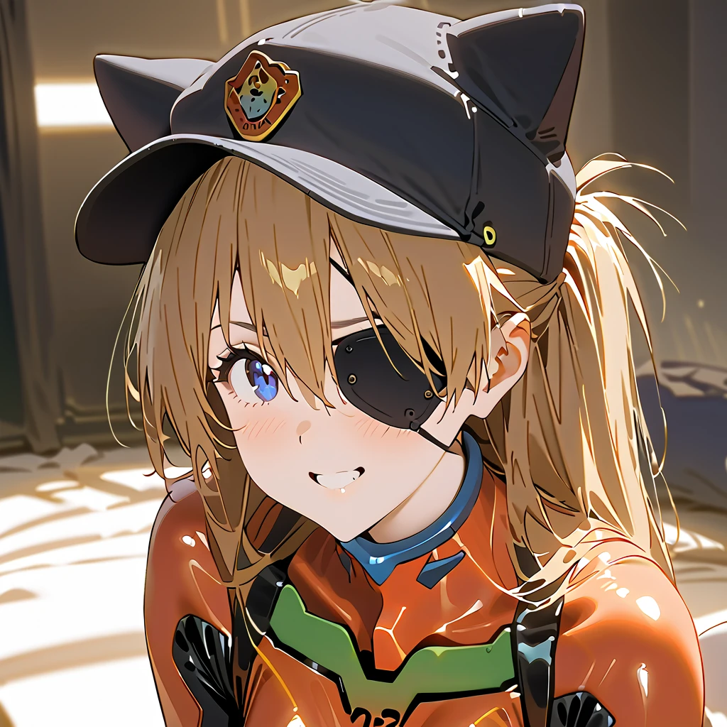         top quality,         top quality,          high quality images       ,     masterpiece  ,              super high resolution       ,             detailed background    ,             Absurd,           Perfect Anatomy     ,     ,      good lighting     ,          Photo Gallery    ,             neon genesis evangelion  、  Shikinami Asuka Langley、  red plug suit  、  eye patch、(Cat hat、black)、smile、 white background 