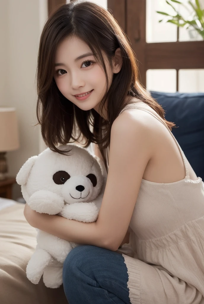 Hugging a stuffed animal。Hiding my chest with a stuffed animal。naked woman。sideways Facing