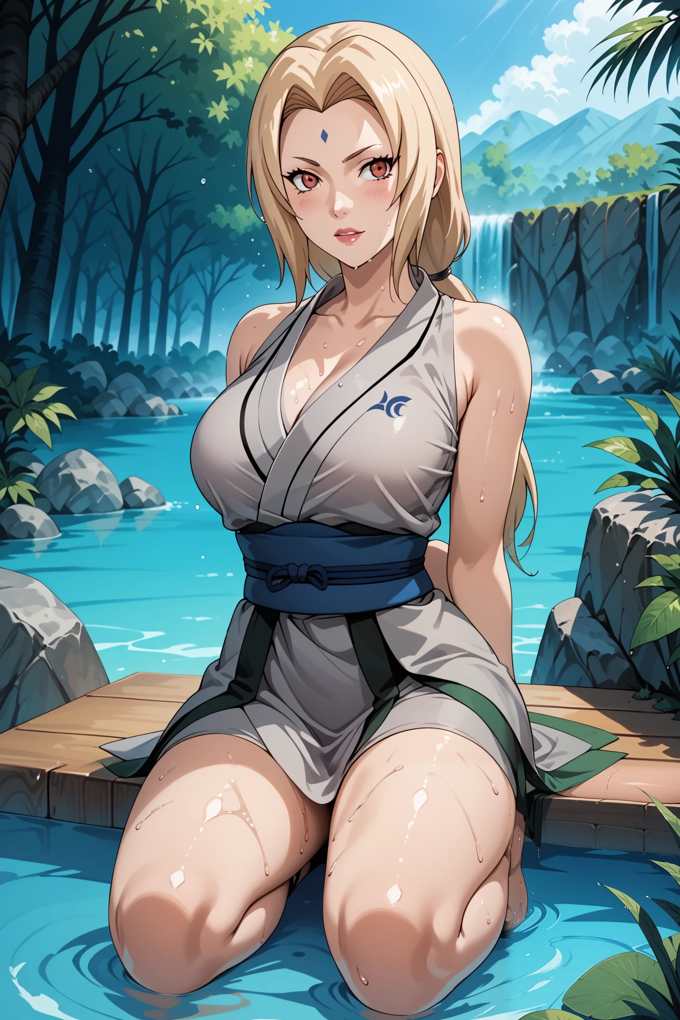 Masterpiece, extremely detailed,4k ,2D ultra graphic,anime ,solo,1girl ,stand up,tsunade,full body,beauty face,large breasts ,grey kimono,wet,sleeveless,sash,blue slimfit panta,body goals,slim body,slim models body,straddle,sit down,arms behind back,looking at viewers,front looks,plain white baground