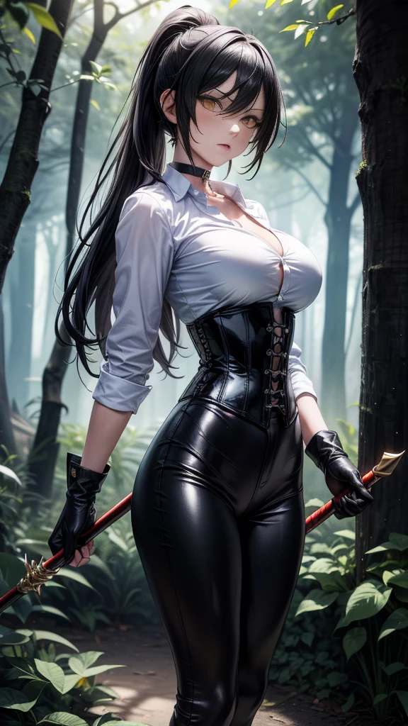 masterpiece, Superior image quality, High resolution, 4k image,Photo and gross, photorealistic, 1 young redhead girl of 20 years old, standing, {Alone},{{{vagina}}}, big breasts, beautiful face, crimson red hair short ponytail, green eyes, very detailed eyes, expression of pride, draw smile showing superiority, choker:1.6, (white collar button down shirt white long sleeve), black gloves, gloves covering the hands, (wielding a halberd in his right hand), (black leather corset), (shiny black leggings), (black leather boots), sensual lips , show details in the eyes, view from front, Dark forest, at night, atmosphere, fog