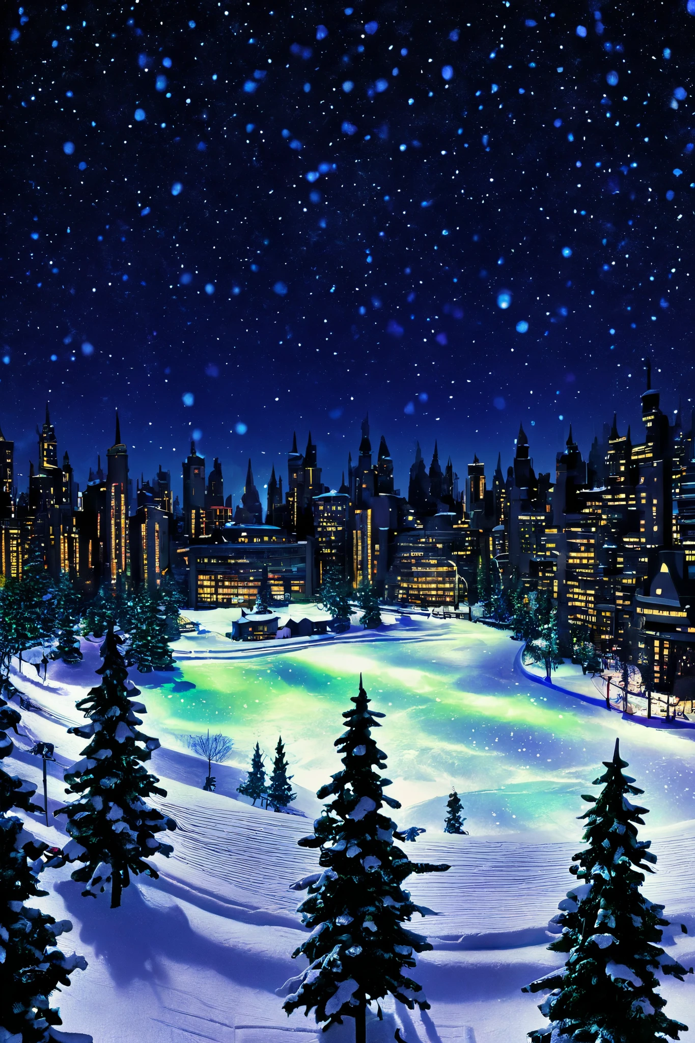 A snowy city, huge pines, star sky, aurora boreal, night, dark, white snow, city, happy, no people