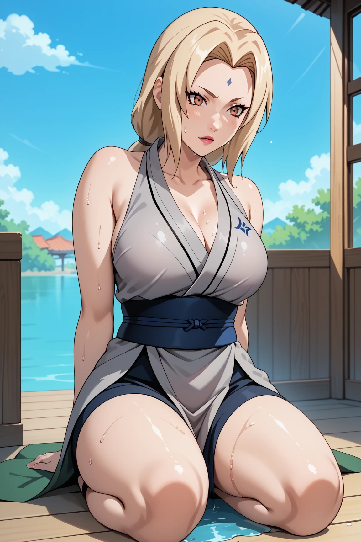 Masterpiece, extremely detailed,4k ,2D ultra graphic,anime ,solo,1girl ,stand up,tsunade,stand up,full body,beauty face,large breasts ,grey kimono,wet,sleeveless,sash,blue slimfit panta,body goals,slim body,slim models body,straddle,sit down,arms behind back,looking at viewers,front looks,plain white baground