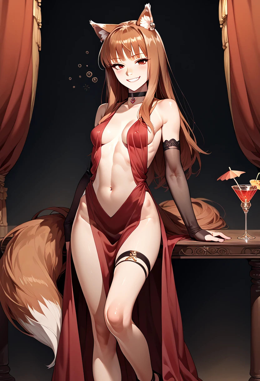 score_9, score_8_up, score_7_up, score_6_up, source anime,1girl,(holo),spice and wolf,solo,wolf girl,wolf ears,wolf tail,light, brown hair,small breasts,center opening,cleavage,navel,bare back,slim,slim legs,long hair,earings,looking at viewer,(smirk,drunk),(loose clothes),red evening gown,elbow gloves,sleeveless,backless,see-through,thigh strap,heels,choker,jewelry,indoor,(cocktail party),best quality,amazing quality,very aesthetic,absurdres
