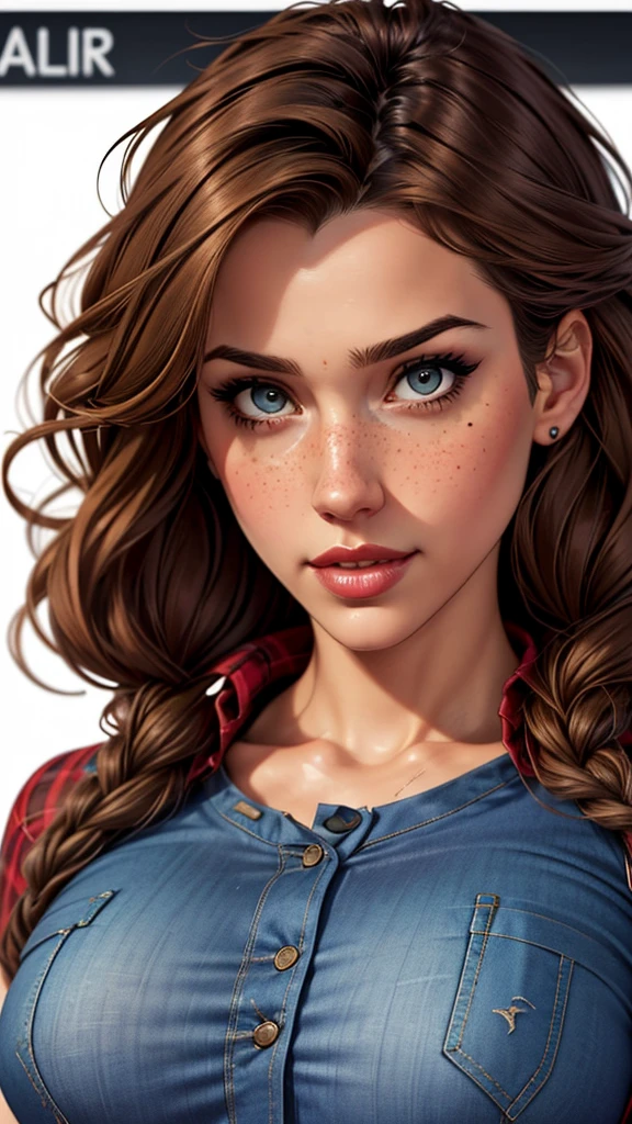 Character style illustration style Completely bare breasts showing small fear Breast size Cartoon name: Anna farris white background medium breasts freckled face Hermione Granger actress strong contours Physical description - long straight hair, tingidos de um marrom vibrante que contrasta com sua pele clara. - You reflect a mix of curiosity and determination. - Ela tem uma estatura alta, with a slender and agile figure, evidenciando sua agilidade e destreza. -fundo colorido Design de personagens de retrato, beautiful digital illustration, retrato de alta qualidade, Arte em quadrinhos, Corpo inteiro sensualizando ou pelada. folha de retorno. return sheet member clothes of the day hell day expression love wearing sadomasochistic clothes with red plaid shirt and blue jeans