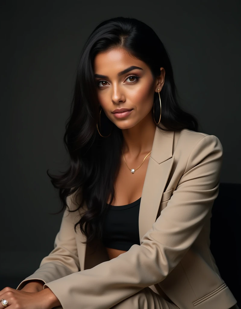 Beautiful punjabi girl with black suit sitting on chair and table with cup and one hand on her silky hair

