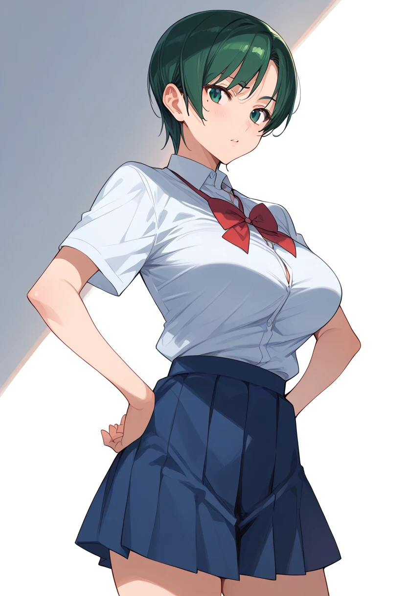 momokino, large breasts, short hair, green hair, mole, school uniform, skirt　undressing,show　bra.ブラリフト　バックビュー　振り返る　downtown,hands on hips,　シャツ開け、