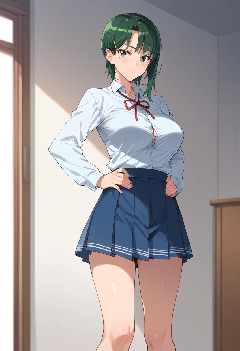 momokino, large breasts, short hair, green hair, mole, school uniform, skirt　undressing,show　bra.ブラリフト　バックビュー　振り返る　downtown,hands on hips,　シャツ開け、