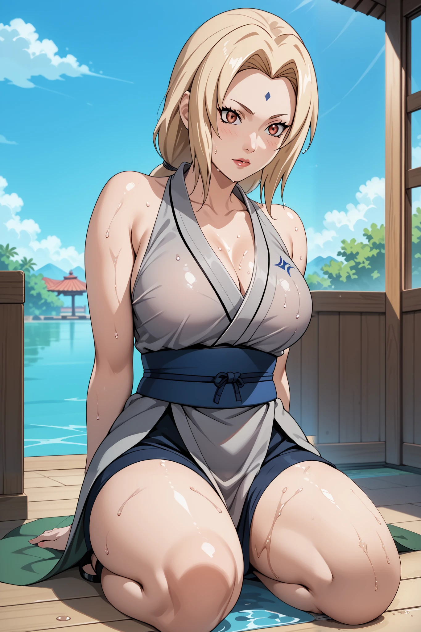 Masterpiece, extremely detailed,4k ,2D ultra graphic,anime ,solo,1girl ,stand up,tsunade,stand up,full body,beauty face,large breasts ,grey kimono,wet,sleeveless,sash,blue slimfit panta,body goals,slim body,slim models body,straddle,sit down,arms behind back,looking at viewers,front looks,plain white baground