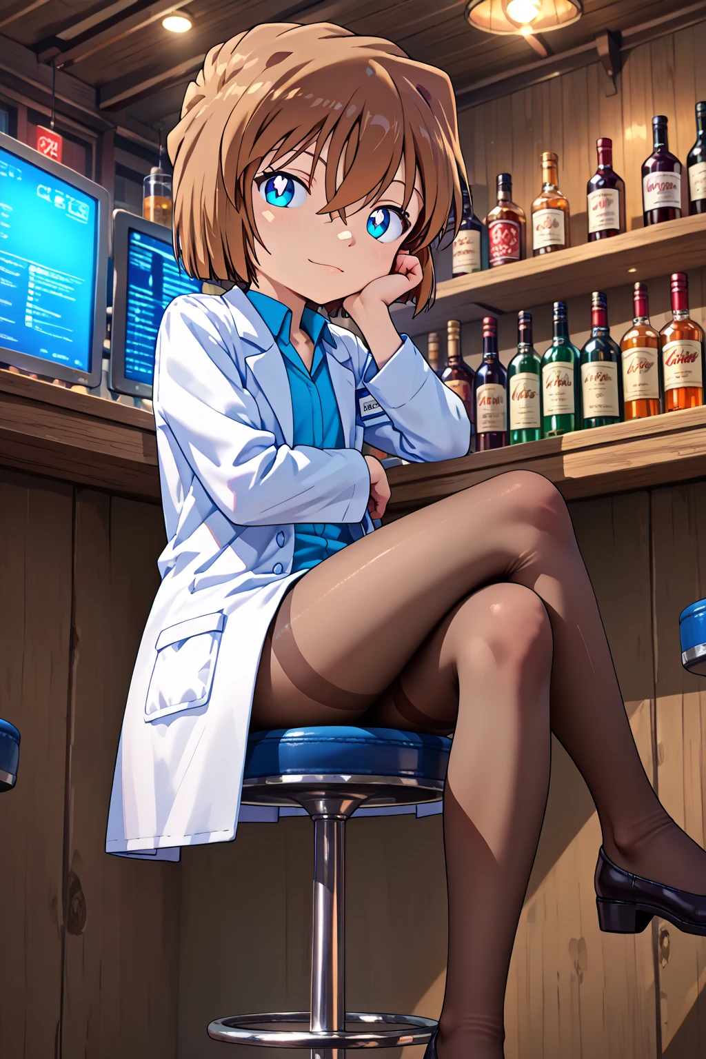 (((,Very very very too young girl:1.5))),score_9,score_8_up,score_7_up,from below,
1girl,sitting,sitting on bar stool,crossed legs,full body,inside,city,looking at viewer,head rest,expected eyes,from front,lab coat,pantyhose, 
Best quality,masterpiece,soft light,official art,masterpiece,high quality, highres icon,absurdres,epic scene,natural textures,highest quality,8k,Ultra-HD,ultra detail,epic scene,natural textures,Haibara Ai,short hair,brown hair,blue eyes,hair between eyes,((( ,tiny girl:1.5,tiny female:1.5)))