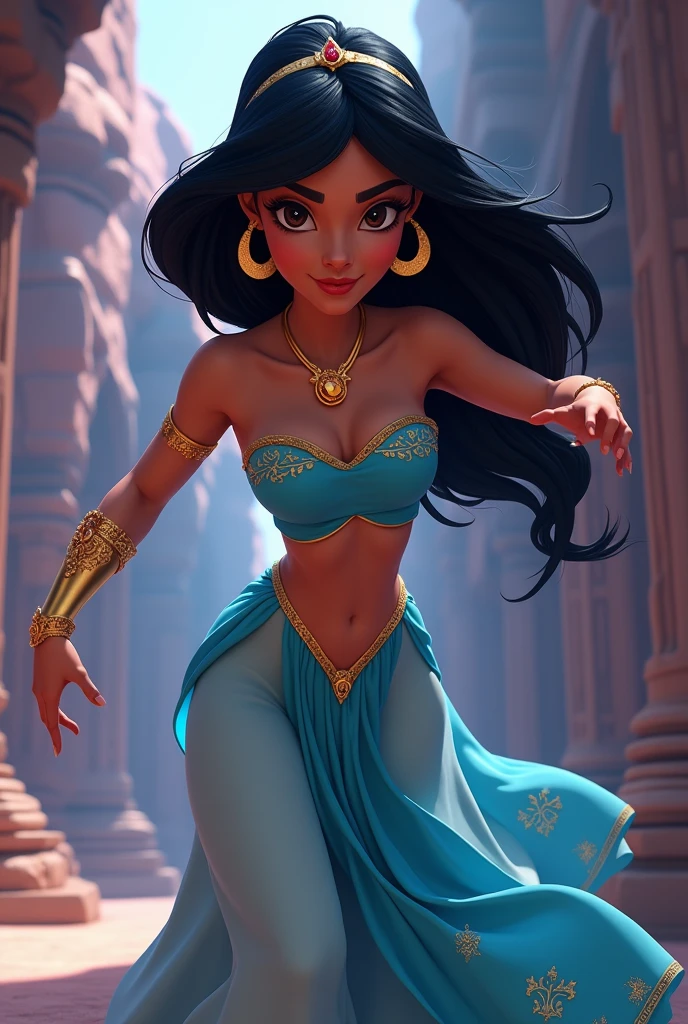 Stunning Princess Jasmine, photo in 8k, in action, cinematic.