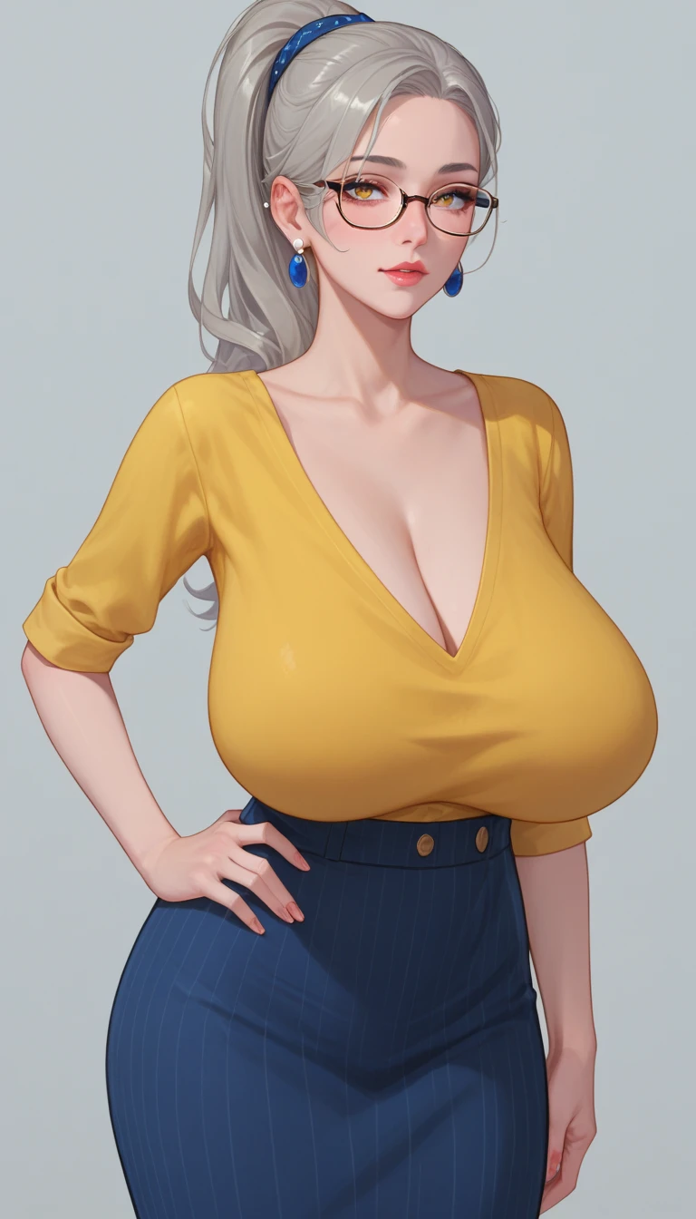 Score_9_up, score_8_up, score_7_up, solo, 1girl, mrsjonessn, grey hair, jewelry, glasses, yellow shirt, blue skirt, earrings, ponytail, hands on hip, huge breasts, Expressiveh