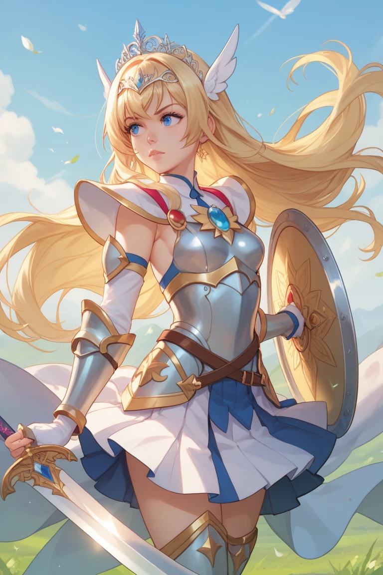 A beautiful magical girl warrior, long blonde hair, blue eyes, small breasts,Fantasy cropped armor  white pleated skirt. Tiara, sword and shield she goes on an adventure trip She walks through an imaginative landscape