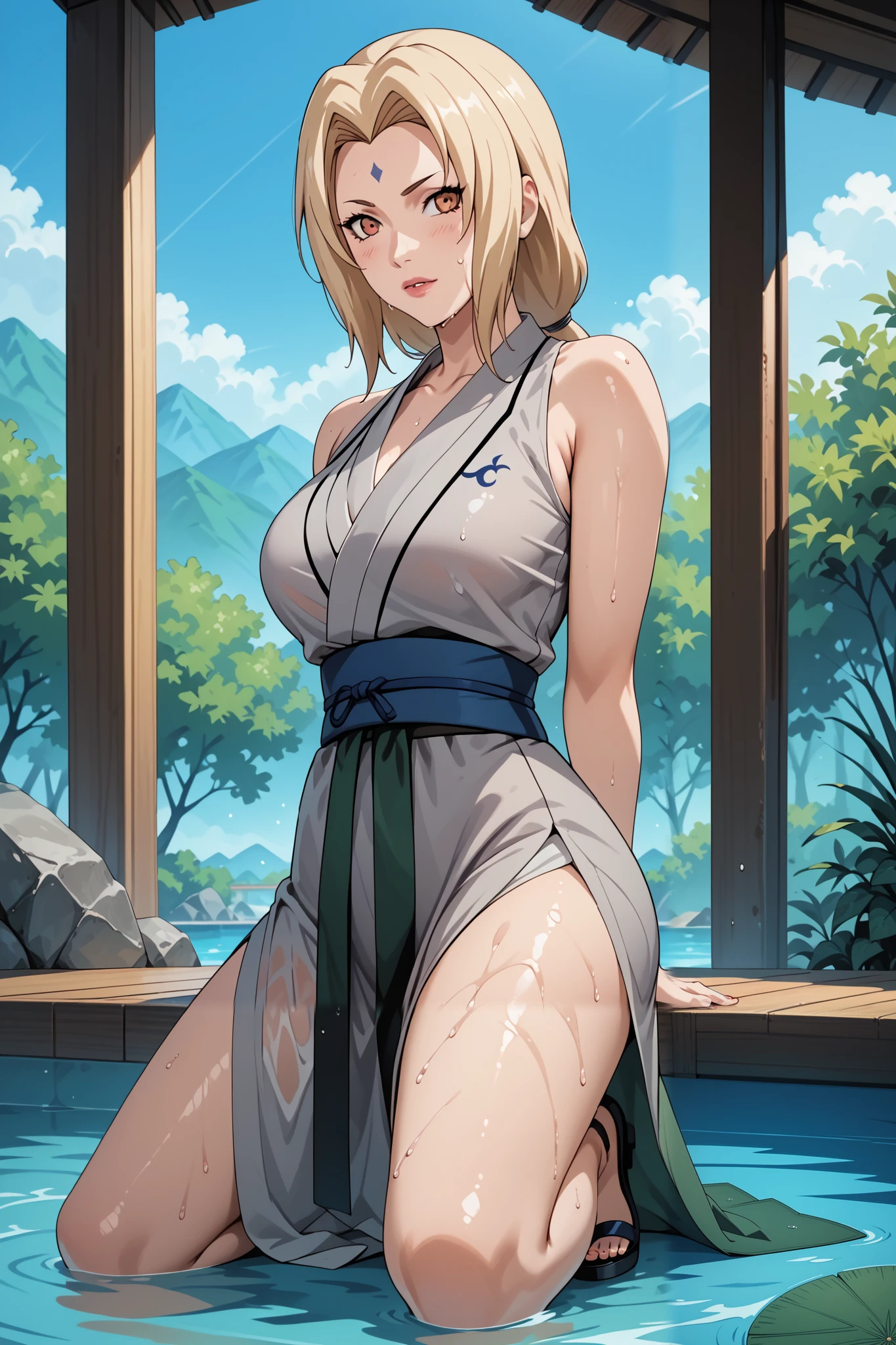 Masterpiece, extremely detailed,4k ,2D ultra graphic,anime ,solo,1girl ,stand up,tsunade,stand up,full body,beauty face,large breasts ,grey kimono,wet,sleeveless,sash,blue slimfit panta,body goals,slim body,slim models body,straddle,arms behind back,looking at viewers,front looks,plain white baground