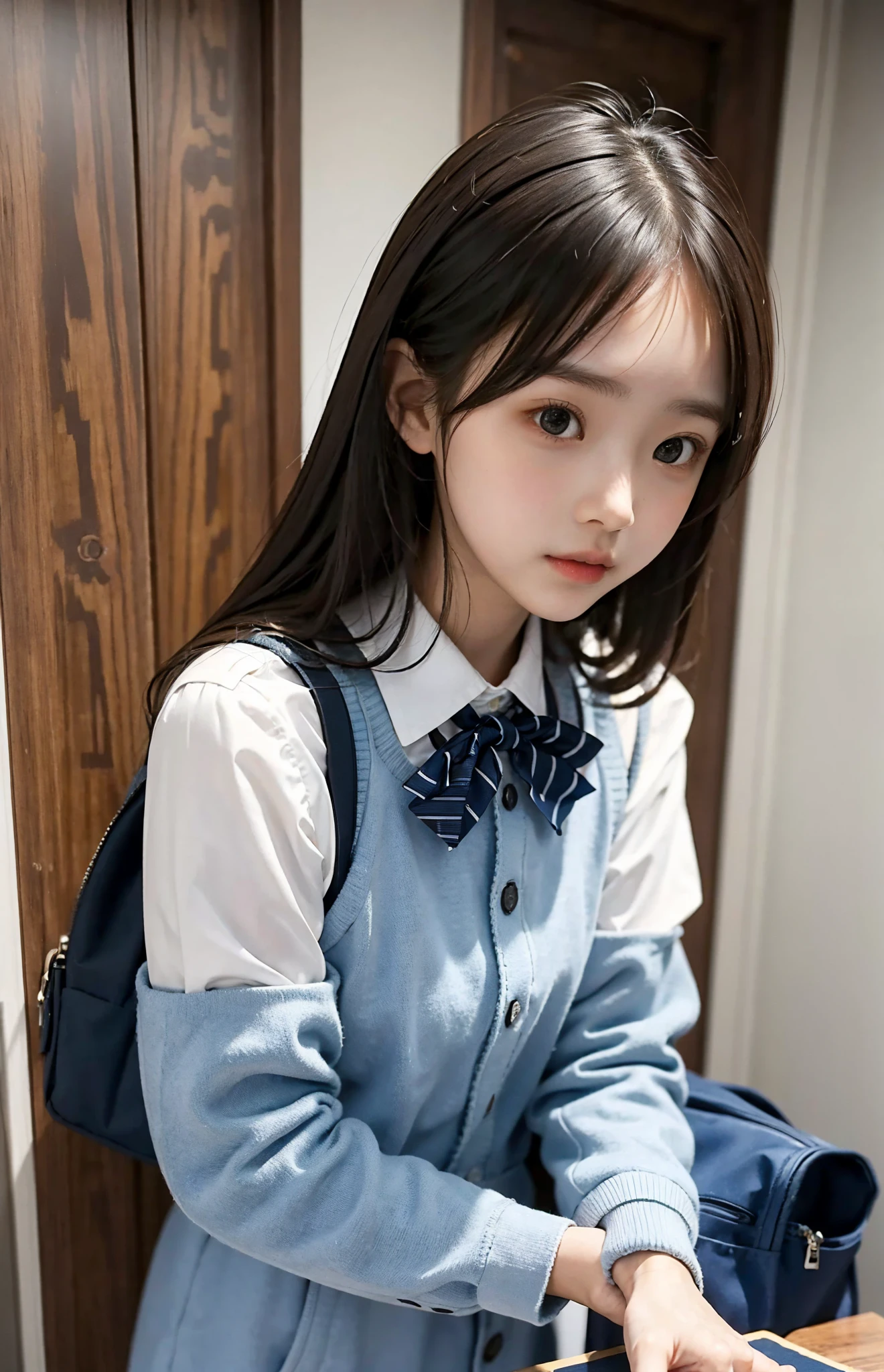  s,uniform,Line up quietly before entering the classroom, girl,cute, Masterpiece, Details