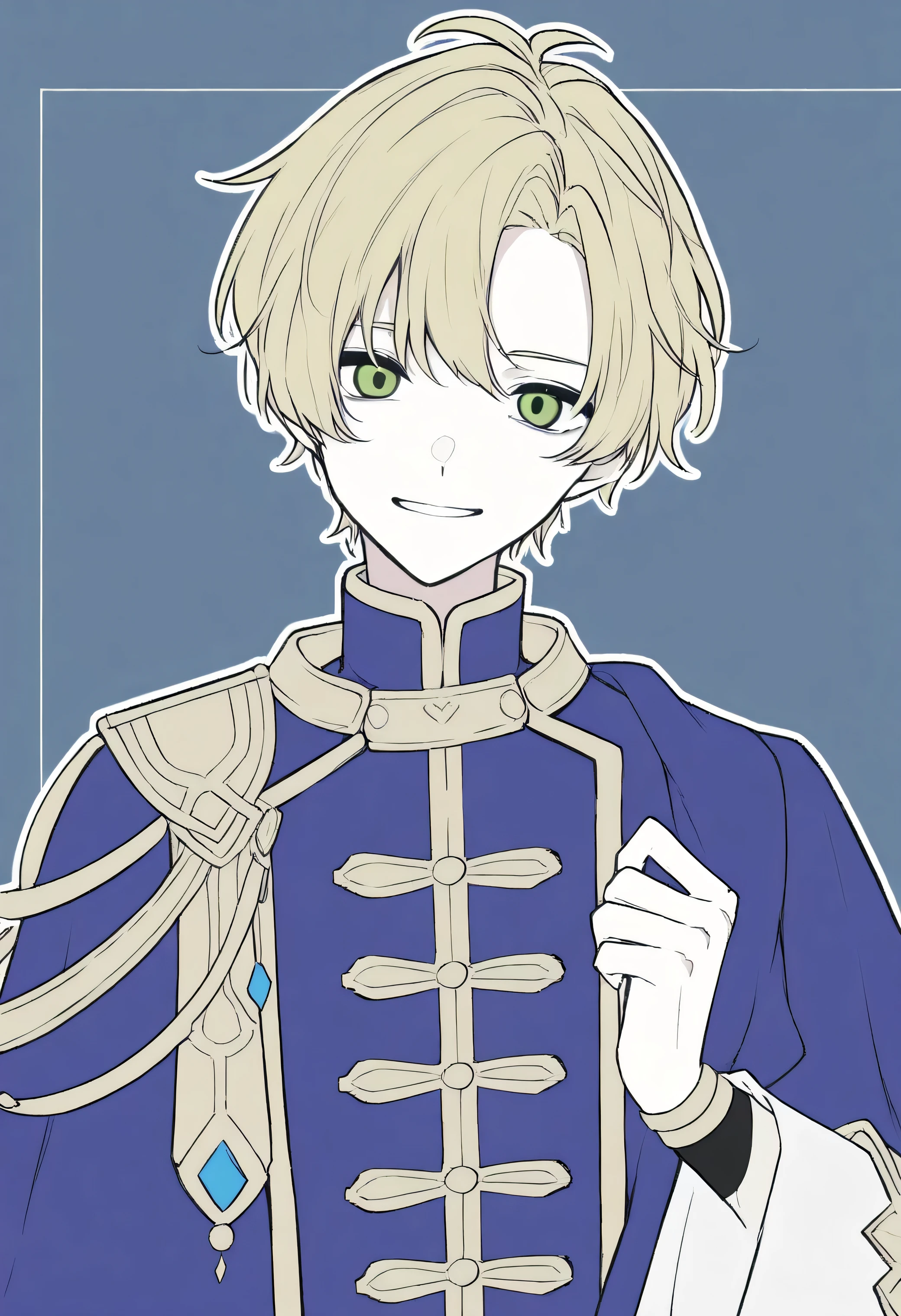 King Another World Royal Clothes Man Boy Boy Alone Blonde Center Center Part Comma Hair Gentle Smile
Round outline, solid color background, eye color is green