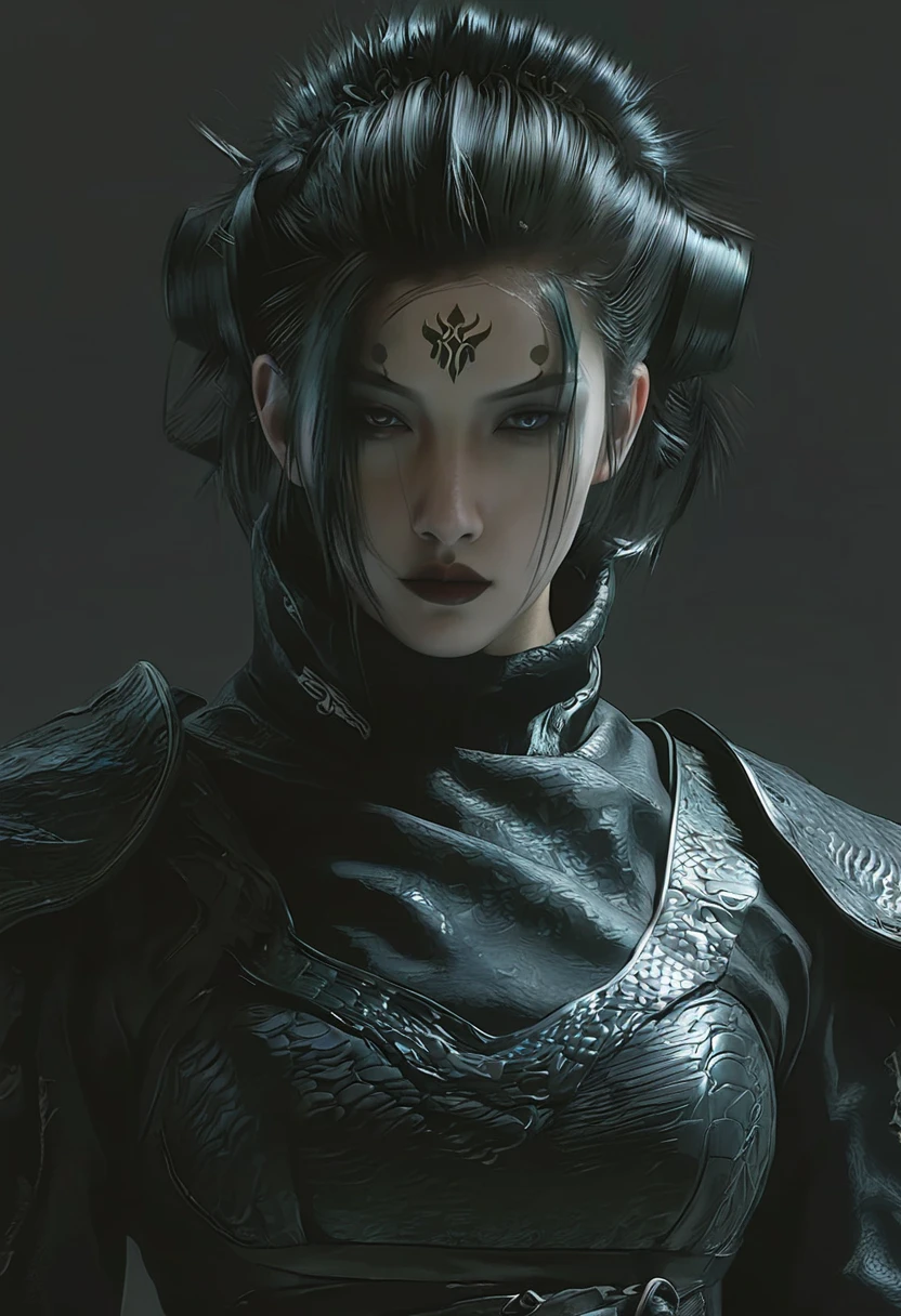  An Arab woman with a black hairstyle， of a close-up , author：The J,  Beautiful cyberpunk girl's face ,  Artwork ， style similar to Gu Weizi , cgsociety portrait,   fantasy conceptual art portrait  ,  Chen Wei on Artstation , wlop art, author：Fan Qi, Digital Fantasy Art ),  inspired by WLOP ,  Very beautiful cyberpunk warrior ，sword， upper body， Cloud tattoo  