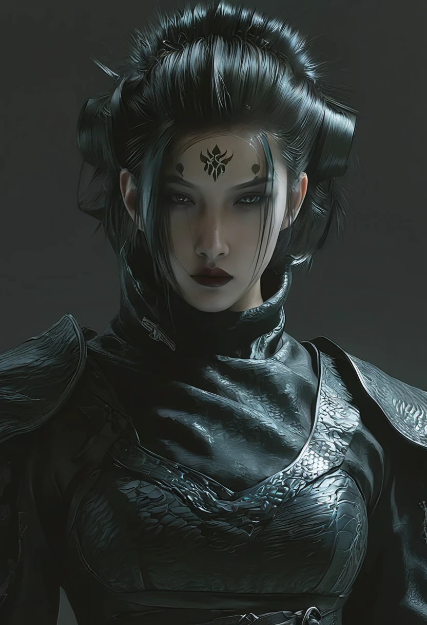 一位留着black发型的阿拉伯妇女，穿着black上衣, author：The J,  Beautiful cyberpunk girl's face ,  Artwork ， style similar to Gu Weizi , cgsociety portrait,   fantasy conceptual art portrait  ,  Chen Wei on Artstation , wlop art, author：Fan Qi, Digital Fantasy Art ),  inspired by WLOP ,  Very beautiful cyberpunk warrior ，sword， upper body， Cloud tattoo  (masterpiece:1.1,  Best Quality :1.1), (realistic:1.3), (Bokeh), ( high resolution, 8K Wallpaper), Professional lighting,  Cinematic Lighting , Reika Shimohira, Murder City (fat) A character in , Real skin,  delicate eyes ,  beautiful eyes, Perfect eyes, Ultra-slim waist,  Perfect slim body style , (超realistic的 fat 紧身衣:1.1, 超精细的 fat 紧身衣), ((((Extra large mass , Extra large breasts,  realistic skin texture , 超大的乳房)))), (black,  long hair),