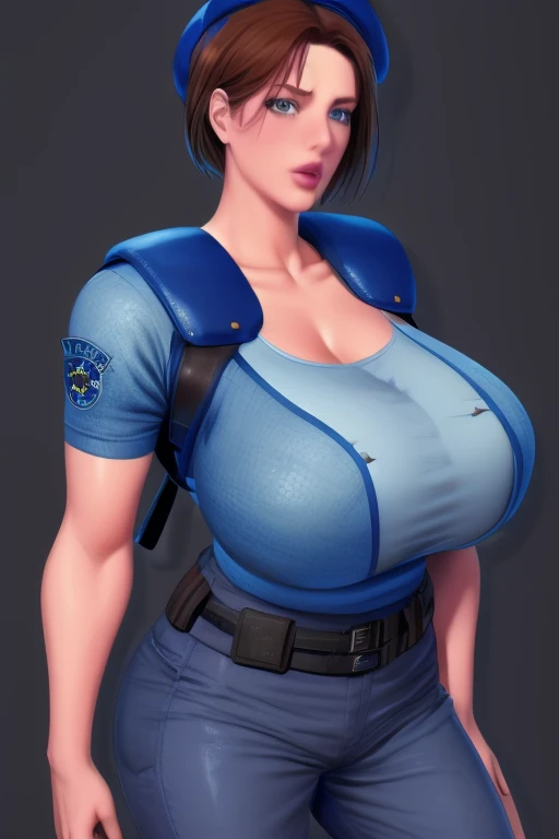    Jill Valentine,   Masterpiece  ,    top quality,    1 girl , Alone,    standing, , beret, uniform,   shoulder pad  , Short sleeve, Harness, belt, pants,    immovable pattern   ,  big ,  big butt , She's showing her side,  feet,  big butt , Neckline,  big  