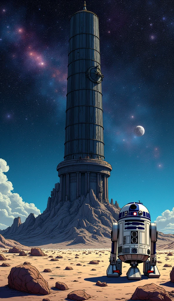 A towering dark tower standing on the lunar surface, with R2-D2 exploring the surroundings, illustrated in a comic book style, featuring a cosmic background, vibrant colors, detailed textures, sci-fi elements, dynamic lighting