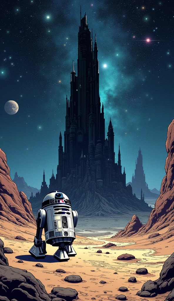 A towering dark tower standing on the lunar surface, with R2-D2 exploring the surroundings, illustrated in a comic book style, featuring a cosmic background, vibrant colors, detailed textures, sci-fi elements, dynamic lighting