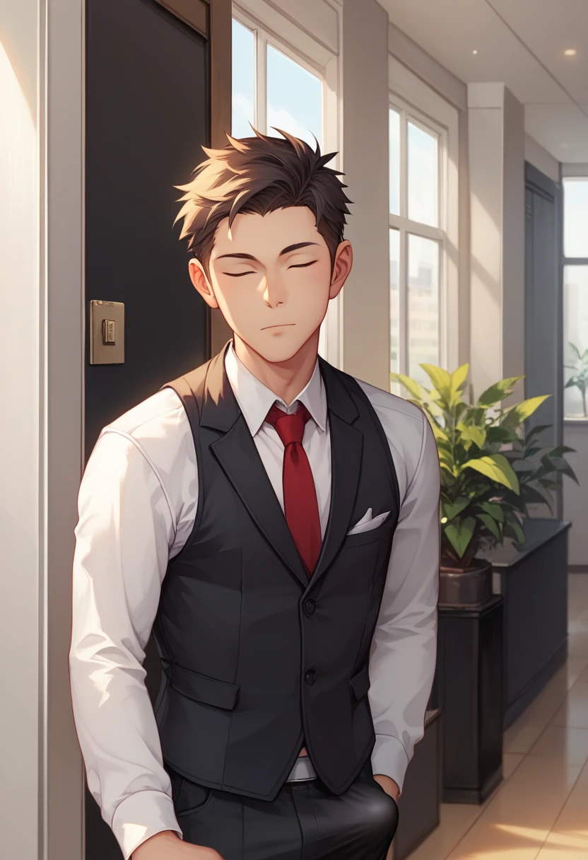 front view, solo, alone boy, long sleeves, indoors, office, hallway, standing, mouth closed, upper body, black jacket, white shirt, collared shirt, red tie, black pants, formal, black suit, male focus, hands at sides, erection, erection under clothes