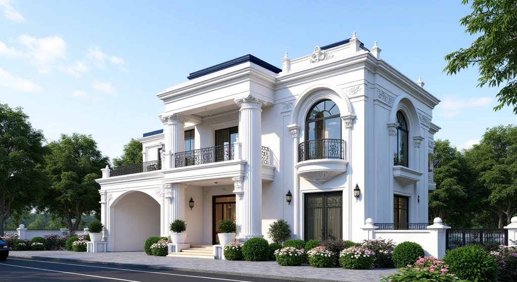 masterpiece, (photorealistic:1.2), best quality, ultra high res, exterior,architechture,modern house,white wall, glass windows,,trees,traffic road,design,trees around, blue sky,in the style of realistic hyper-detailed rendering, 32k uhd, Small Two stories Modern Neoclassicism villa, in the style of neoclassical scenes, white, (dark navy roof:1.2), daylight, decorative art nouveau, les nabis, masterpiece,ultra realistic,32k,extremely detailed CG unity 8k wallpaper, best quality