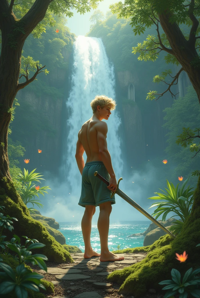 1boy, full body shot, full body angle visible face detail, face detail, arms detail, body detail, legs detail, feets detail, hands detail, male body, soft youthful face, teenager male model body, clear cold skin, rosy cheeks, brown shoulder-length hair with gold tips, glasses, slip underwear, bulge in the slip underwear, silver armor boots on the feet detail, dynamic pose holding slender body, clear cold skin, soft youthful face, rosy cheeks, brown shoulder-length hair with gold tips, wearing prescription glasses, slip underwear with padding and transparency, bulge in the slip underwear, silver armor boots on the feet, dynamic pose holding a thin, detailed silver sword in his hand, body getting wet, in a lit cave, stairs and waterfall in the background, with an expression of determination on his face, in giant a trees, crystal prisms in the background, rock floors, full body, body hairless, dominating, white or white skin, boy soft face, gighly light, highly detailed, looking at the audience, photography, detailed skin, real person, crazy detail, hype maximization, lighting complex detail , Highly detailed, Digital painting, artstation, concept art, smooth, sharp focus, illustration, Unreal Engine 5, art by Ross Tran and Greg Rutkowski and Alphonse Mucha, Show men only .8k Ultra HD, dslr, dim lighting, high quality, film grain, Fujifilm XT3, 2-person, two-person model. hype surrealism, hype surrealism, by Shen Quan, perfect body, beautiful young male model, an attractive man 18-2 aesthetic, Sunshine sports student, asianboy, bulgej8, Noosphere, fantasy dark, light and cold aesthetics,