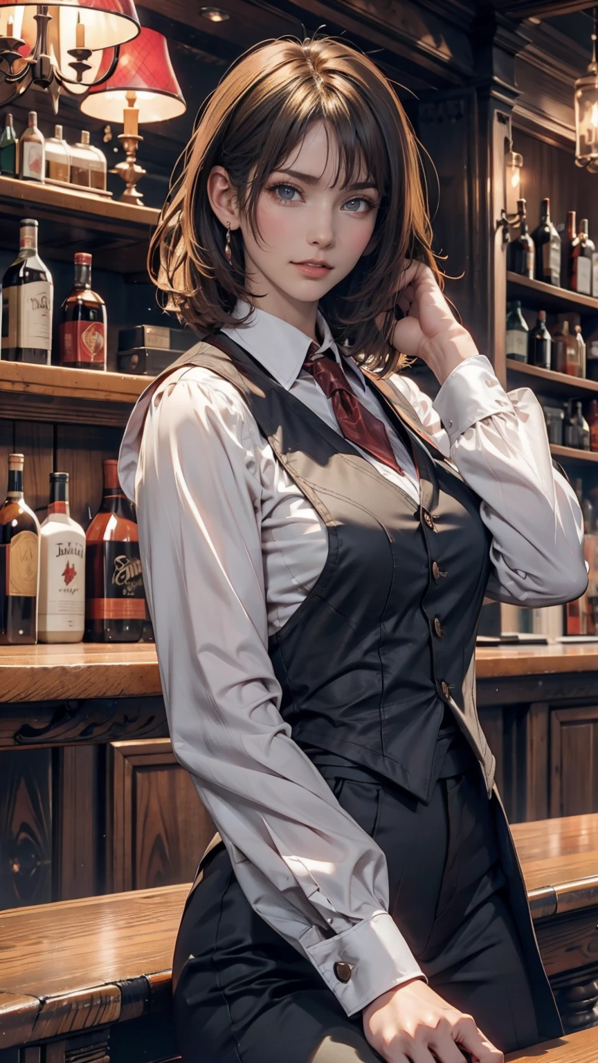  short-haired female cowboy in a western bar, blondes, sitting,table Wisky,piano, 6 round revolver ,barrel,table,Trump,Dust, artwork,3d,4K,  Details, realistic 、leather waistcoat with fringes 、