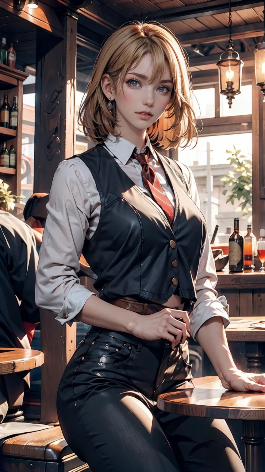  short-haired female cowboy in a western bar, blondes, sitting,table Wisky,piano, 6 round revolver ,barrel,table,Trump,Dust, artwork,3d,4K,  Details, realistic 、leather waistcoat with fringes 、