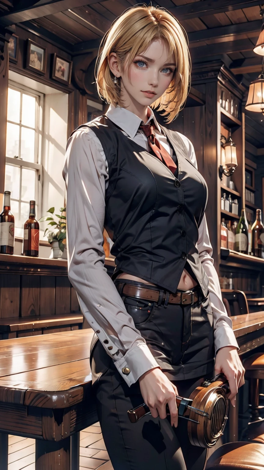  short-haired female cowboy in a western bar, blondes, sitting,table Wisky,piano, 6 round revolver ,barrel,table,Trump,Dust, artwork,3d,4K,  Details, realistic 、leather waistcoat with fringes 、