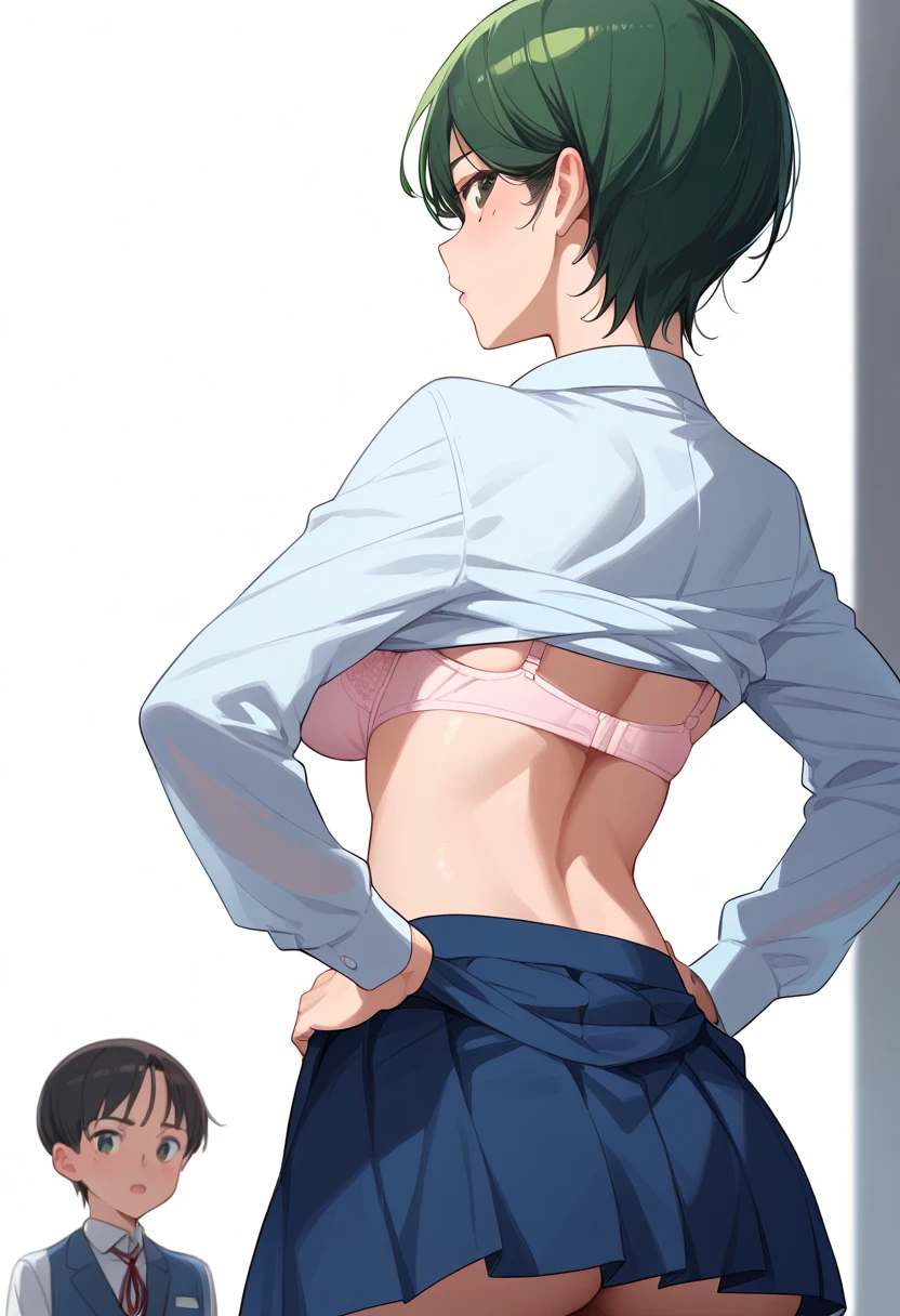 momokino , large breasts, short hair, green hair, mole, school uniform, skirt　undressing,show　Bra. bra lift 　 back view　 Looking Back　downtown,hands on hips,　 shirt undressing 、Shota.Shotaが胸を見る