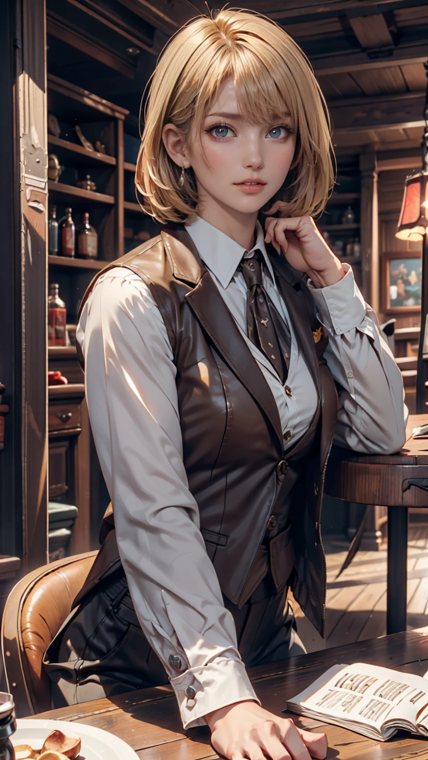 Short-haired female cowboy in a western saloon, blondes, sitting,table Wisky,piano, 6 round revolver ,barrel,table,Trump,Dust, artwork,3d,4K,  Details, realistic 、leather waistcoat with fringes 、