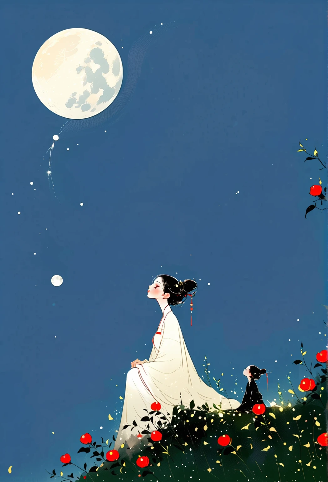 中国水墨画sketch：Light ink ，lower case，sketch，Artistic Concept，Beautiful woman under the moon， minimalism ， white background 。(((Negative Space,Lower left corner composition)))