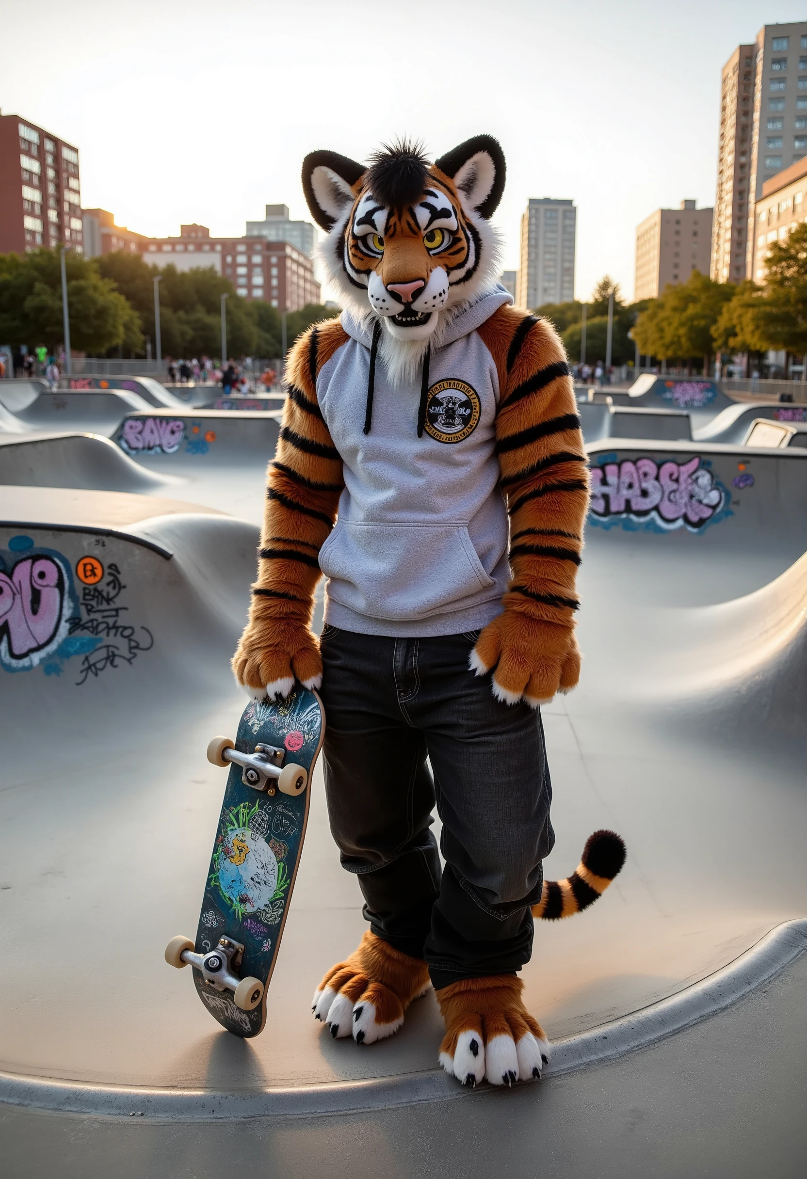 "Anthropomorphic adult male tiger with a muscular build, wearing a black and orange striped fursuit. He stands confidently in an urban skatepark, a concrete playground filled with ramps and rails. His yellow eyes shine with determination as he holds a skateboard in one hand, his other hand resting casually on his hip. He wears a casual gray hoodie with a logo, black jeans, and a pair of white high-top sneakers, giving him a relaxed yet athletic vibe. The backdrop features graffiti-covered walls, city buildings, and a few skaters in the distance, with the sun casting a soft glow over the scene.

Style: Urban realism with high detail, focusing on the muscular build of the tiger, the texture of his fur, and the gritty yet lively atmosphere of the skatepark."