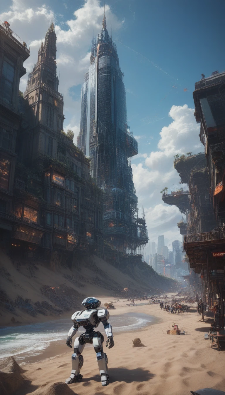  futuristic city and giant tower in high-definition images ， detailed images、 highly detailed matte painting 、Massive ultra-detailed matte painting of Sand Planet 、Intricate film 、 robots、Complex Environment、 Amazing（ sci-fi concept art  、 CGSociety )