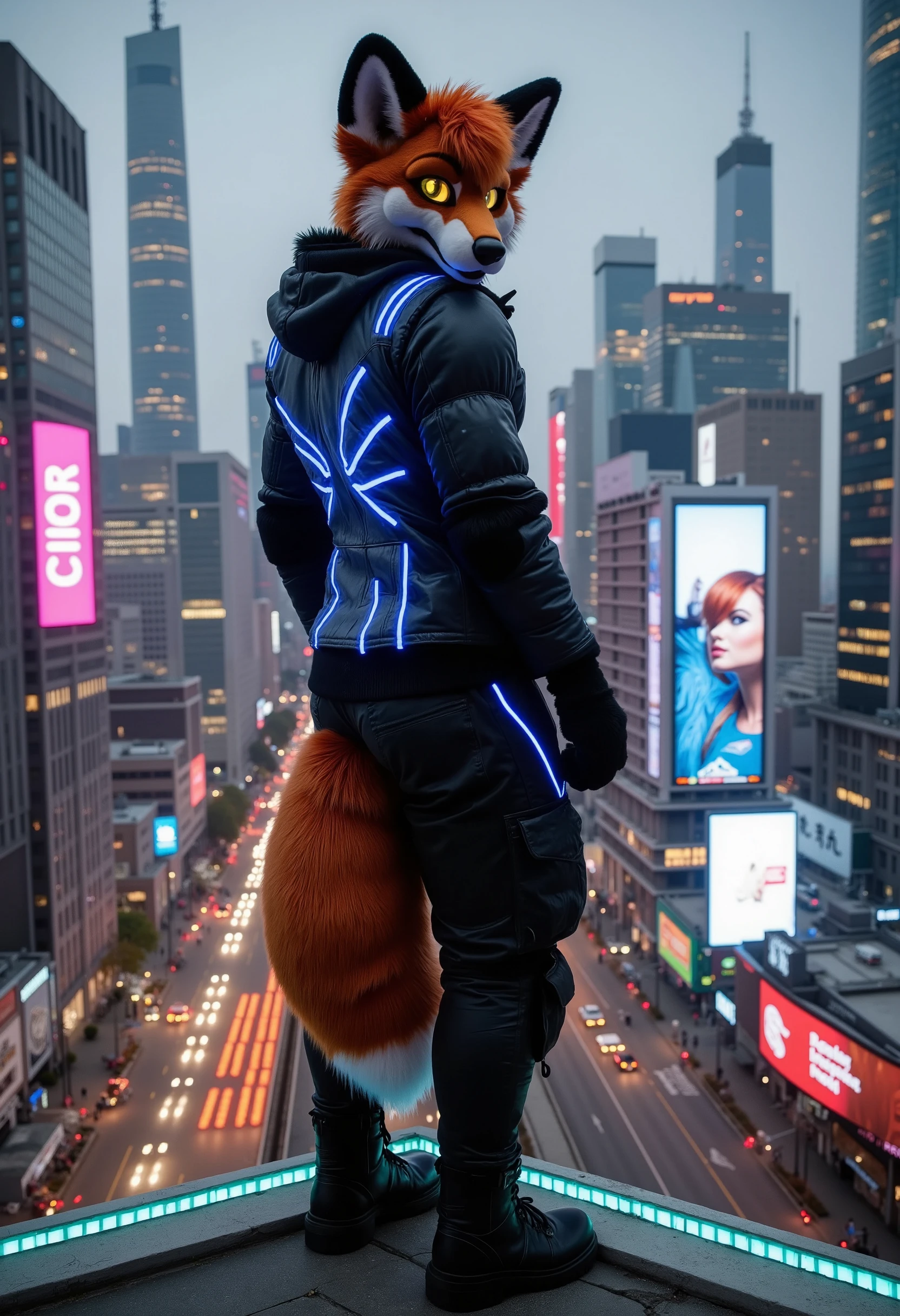 "Anthropomorphic adult male fox with a muscular build, wearing a neon-lit outfit suited for a cyberpunk cityscape. His fur is a mixture of vibrant orange and deep black, and his glowing yellow eyes stand out against the futuristic setting. He’s wearing a sleek, form-fitting jacket with glowing blue accents, black cargo pants, and futuristic boots. The fox stands atop a neon-lit rooftop, overlooking the bustling city below with towering skyscrapers, holographic billboards, and flying vehicles passing by.

Style: Cyberpunk realism with neon highlights, intense lighting contrasts, and a gritty city environment reflecting the fox’s strong and confident presence."