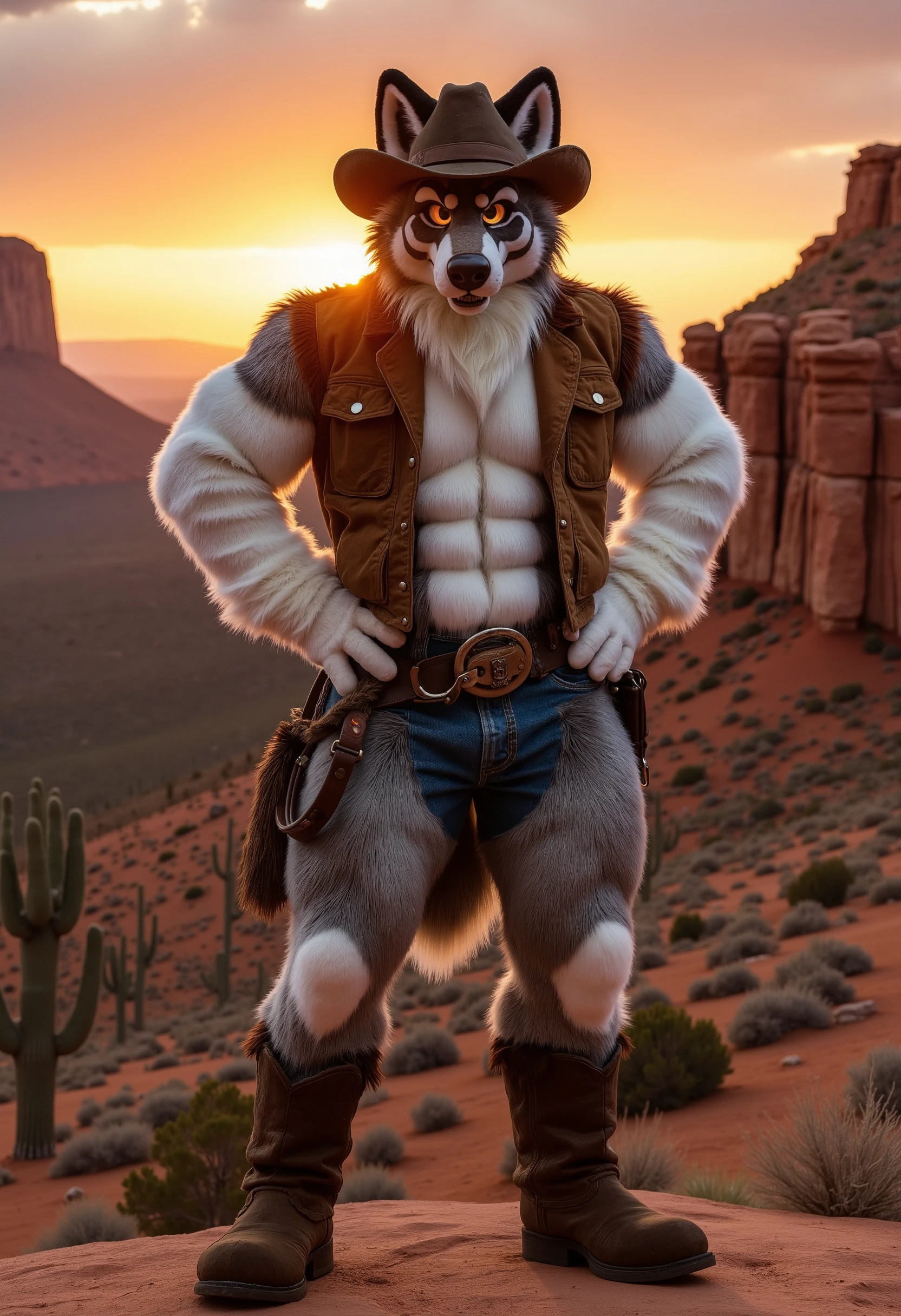 "An anthropomorphic adult male wolf with a muscular build, dressed in rugged western attire, standing in the middle of a desert at sunset. His fur is a mixture of grays and whites, and his amber eyes reflect the golden hue of the setting sun. He wears a worn leather jacket, cowboy boots, and a wide-brimmed hat. A lasso hangs from his side, and he stands tall, with his hands resting on his hips, exuding strength and determination. The desert is vast, with rocky cliffs, cacti, and the fading sun painting the sky in shades of orange and purple.

Style: Western cinematic realism, emphasizing the harsh desert landscape, the wolf’s strong physique, and the dramatic sunset lighting."