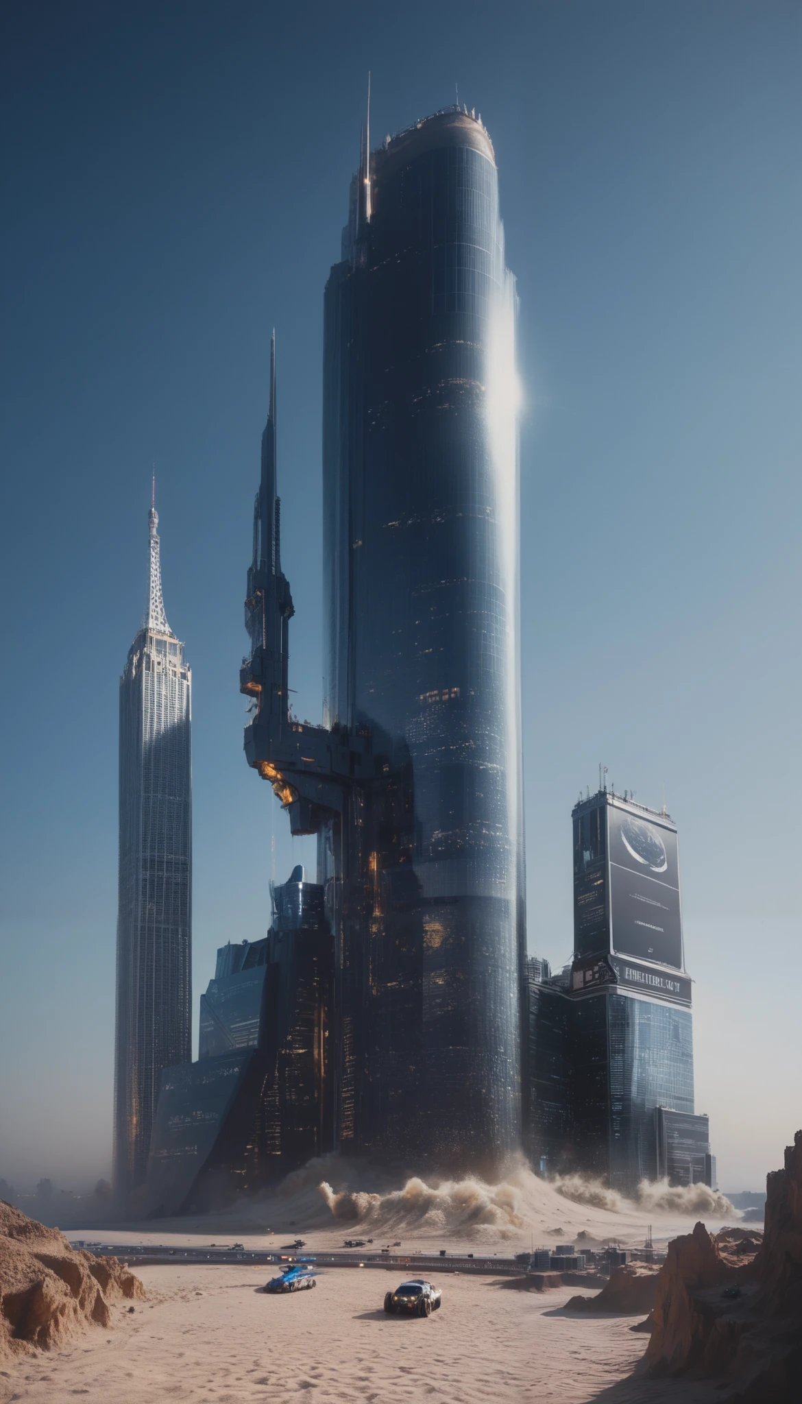  futuristic city and giant tower in high-definition images ， detailed images、 highly detailed matte painting 、Massive ultra-detailed matte painting of Sand Planet 、Intricate film 、 robots、Complex Environment、 Amazing（ sci-fi concept art  、 CGSociety )