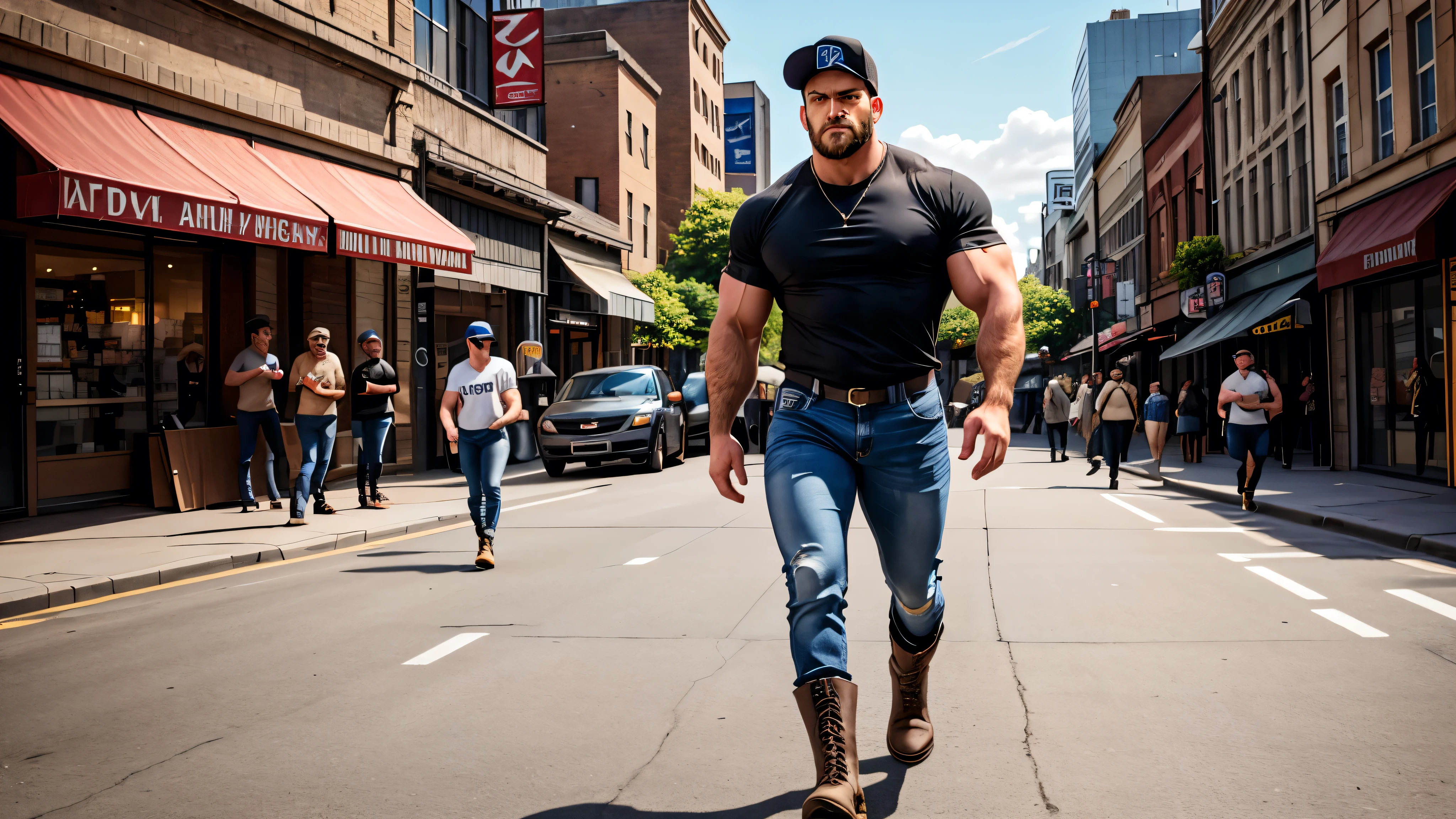 Rugged, muscular man, 35 years old, standing still in the center of a bustling city street. He wears blue jeans, black military boots, a plain black t-shirt, and a baseball cap, with black hair slightly visible beneath the cap and a short, thick black beard. He stands confidently with a powerful, no-nonsense expression, exuding strength and masculinity. The scene is bright and sunny, with young, attractive women walking past him, creating a sense of vibrant city life around him. The man is stationary, surrounded by dynamic movement, yet he remains still and imposing.