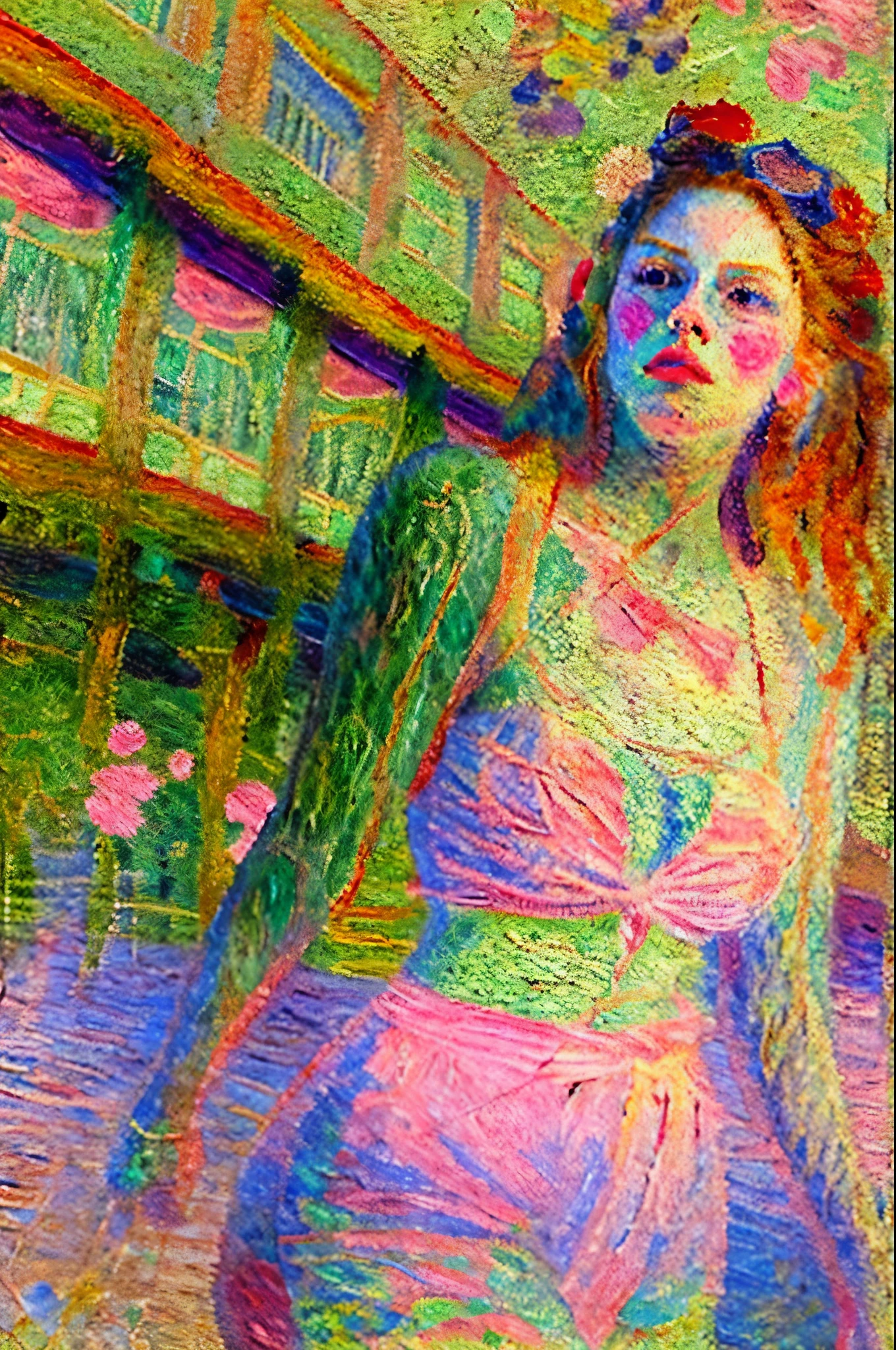 masterpiece, best quality, extremely detailed, hyperrealistic, oil painting, impressionism art, in monet style, sunglasses on head, pink
