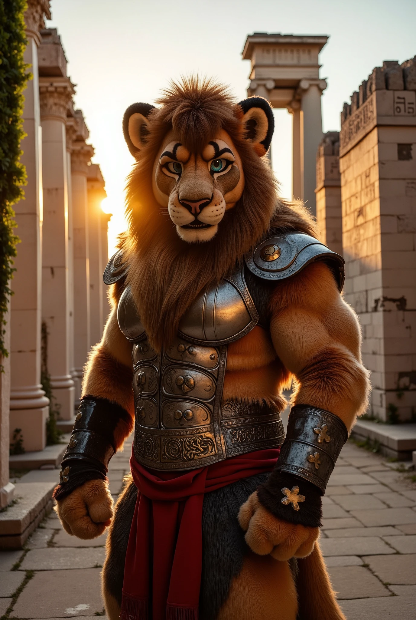 "An adult anthropomorphic lion with a muscular build, dressed in ancient gladiator armor, standing in the ruins of an ancient temple. His golden mane and fur blend with the weathered stone surroundings, and his fierce, royal blue eyes gaze forward with a sense of authority. He wears ornate armor decorated with ancient symbols, and a red cloth flows from his waist. The temple behind him is vast, with crumbled pillars, overgrown vines, and fading hieroglyphs on the walls. The setting sun casts a soft glow over the scene, adding an aura of mystery and history.

Style: Historical epic realism with detailed textures on the lion’s armor, the temple, and the fading sunlight illuminating the powerful figure of the lion."