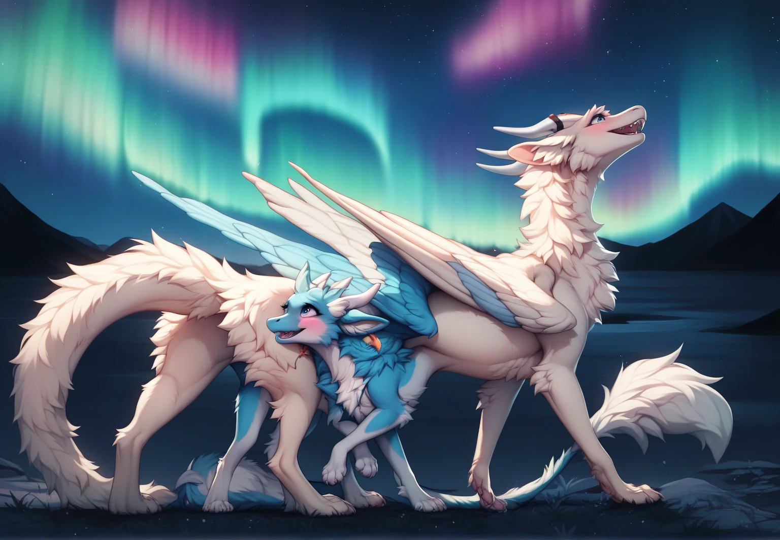 furry art, feral, furred dragon, female, full body, white and blue fur, thicc, wings, horns, tail, chest fluff, paws, fangs,  ton back, close up, embarrassed, happy, bent over , extra fluffy,  extra fluffy, quadruped, ((nighttime, night sky, stars, aurora, summertime, colorful, black)), (((four legs)))