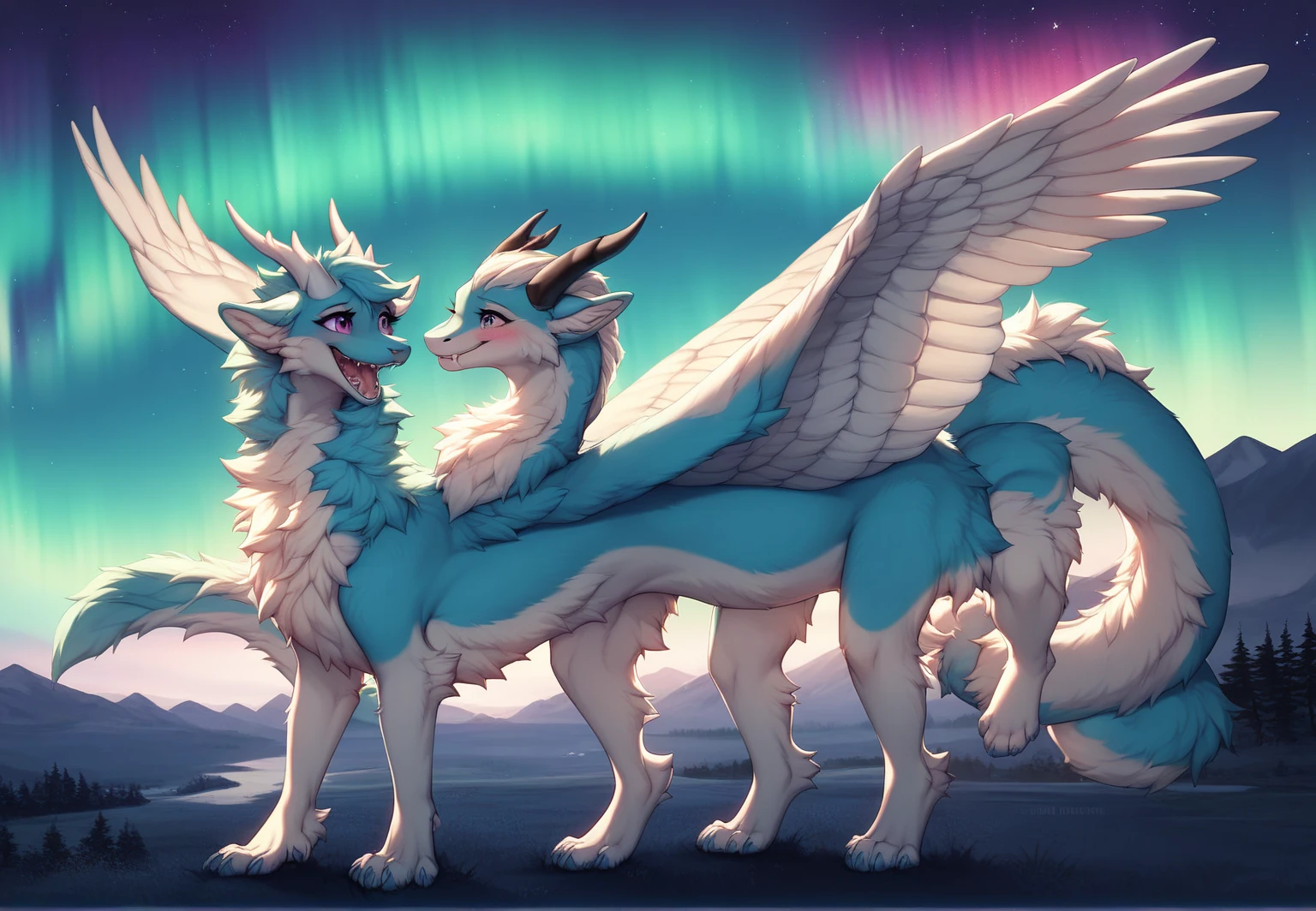 furry art, feral, furred dragon, female, full body, white and blue fur, thicc, wings, horns, tail, chest fluff, paws, fangs,  ton back, close up, embarrassed, happy, bent over , extra fluffy,  extra fluffy, quadruped, ((nighttime, night sky, stars, aurora, summertime, colorful, black)), (((four legs)))