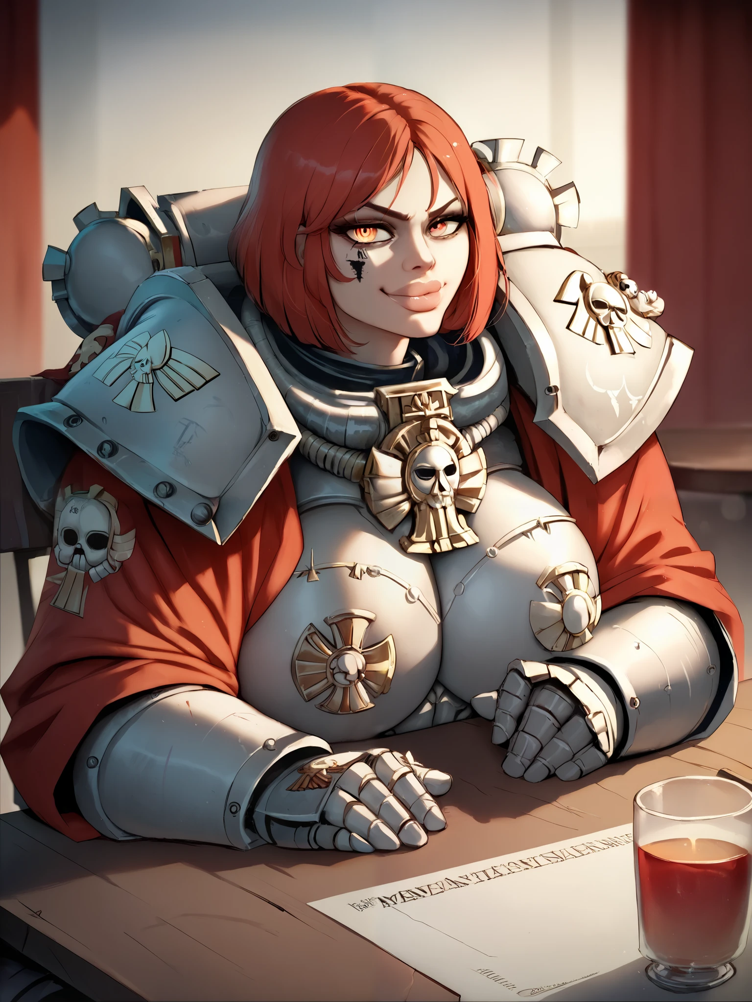 source_anime,  Warhammer 40k Sisters of battle/sororitas, 
1girl, big lips, solo, beautiful eyes, detailed face, sitting at restaurant table, wearing Sisters of battle/sororitas armor,  huge breasts, breasts on table, thickthighs under the table, legsspread, legsopen, , teasing, flashing, smug, chin_rest, facing viewer, looking at viewer