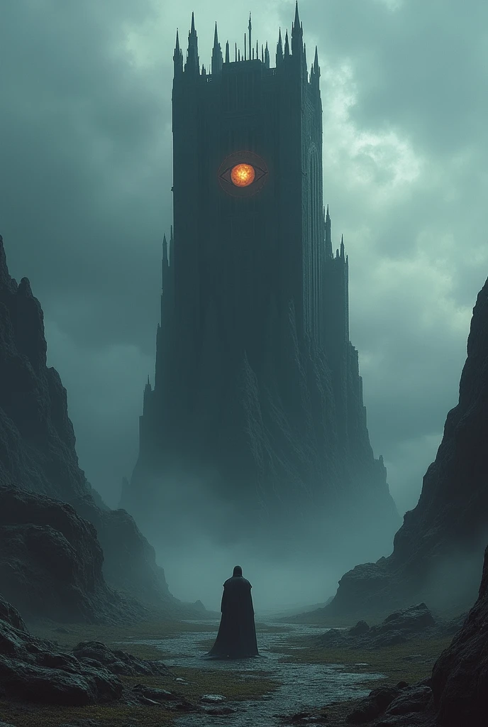 A massive dark tower looming in a desolate landscape, inspired by Lord of the Rings, with an ominous evil eye at the top, realistic style, high detail, dramatic lighting, fantasy art