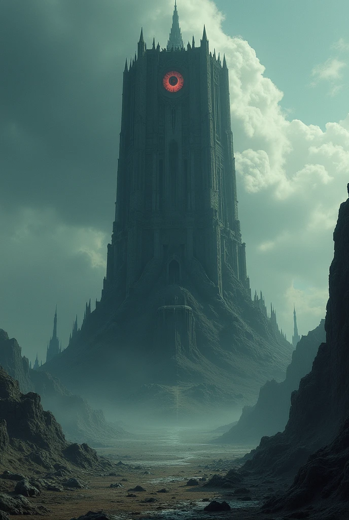 A massive dark tower looming in a desolate landscape, inspired by Lord of the Rings, with an ominous evil eye at the top, realistic style, high detail, dramatic lighting, fantasy art