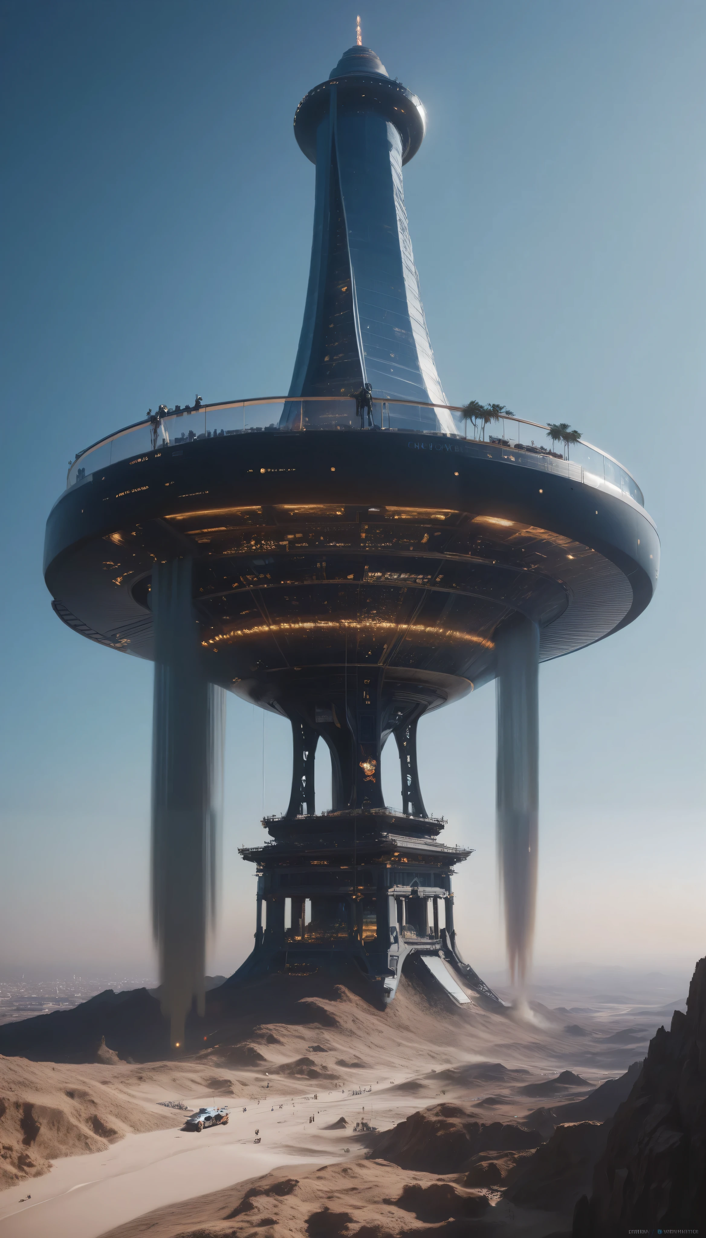  futuristic city and giant tower in high-definition images ， detailed images、 highly detailed matte painting 、Massive ultra-detailed matte painting of Sand Planet 、Intricate film 、 robots、Complex Environment、 Amazing（ sci-fi concept art  、 CGSociety )